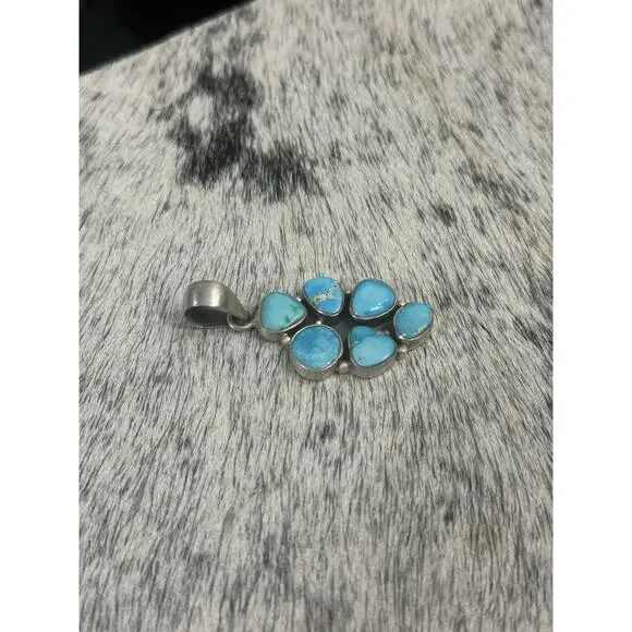 Sterling Silver 2” Blue Ridge Turquoise Multistone Cluster Pendant 6 Stone 925 - Picture 3 of 10